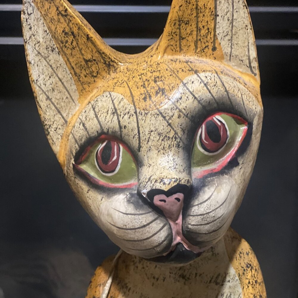 Vintage Hand Carved Wooden Cat Sculptures Pair Tall 32" Folk Art Indonesia MCM - Picture 3 of 11